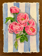 Pink Peony Bunch on Blue Stripes