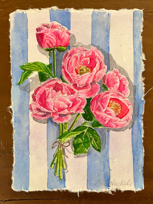 Pink Peony Bunch on Blue Stripes